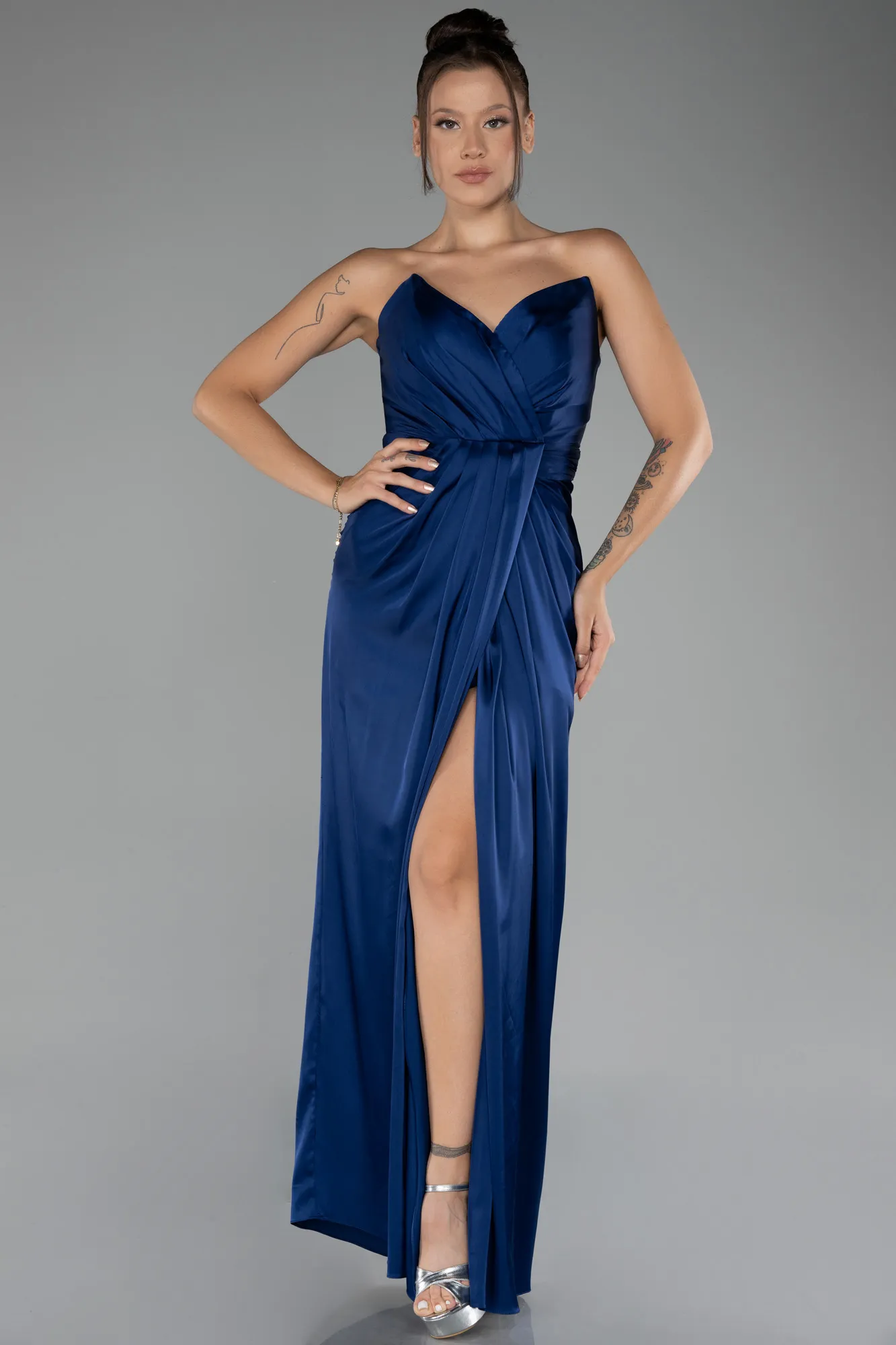 Navy Blue-Strapless Slit Long Satin Prom Gown ABU4071