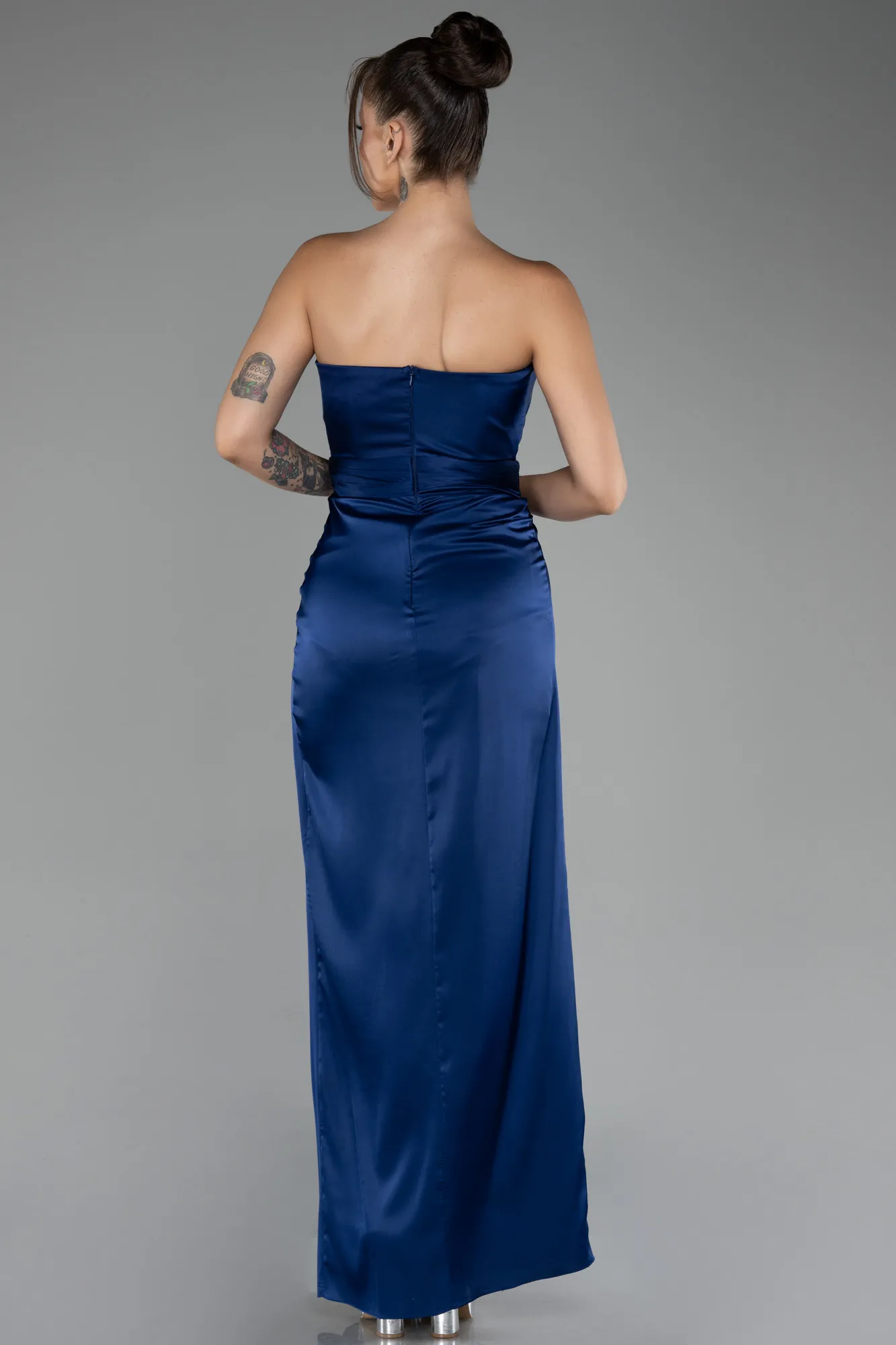 Navy Blue-Strapless Slit Long Satin Prom Gown ABU4071