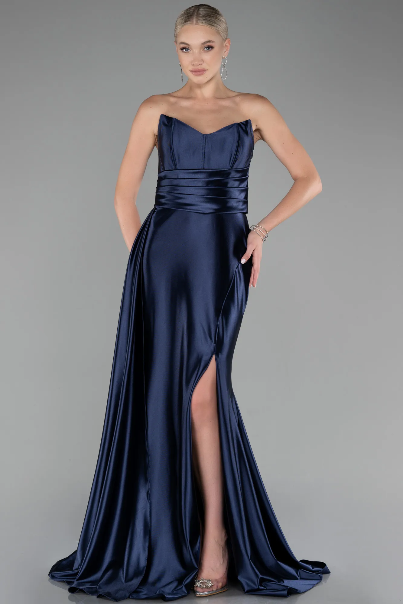 Navy Blue-Strapless Slit Long Satin Prom Gown ABU4072