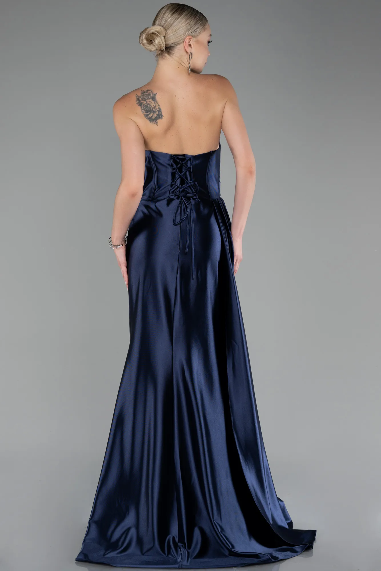 Navy Blue-Strapless Slit Long Satin Prom Gown ABU4072