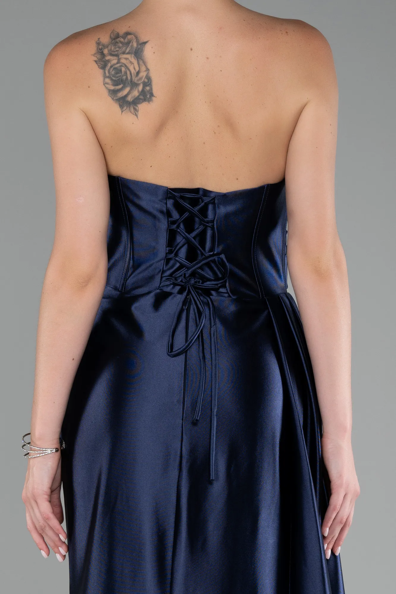 Navy Blue-Strapless Slit Long Satin Prom Gown ABU4072