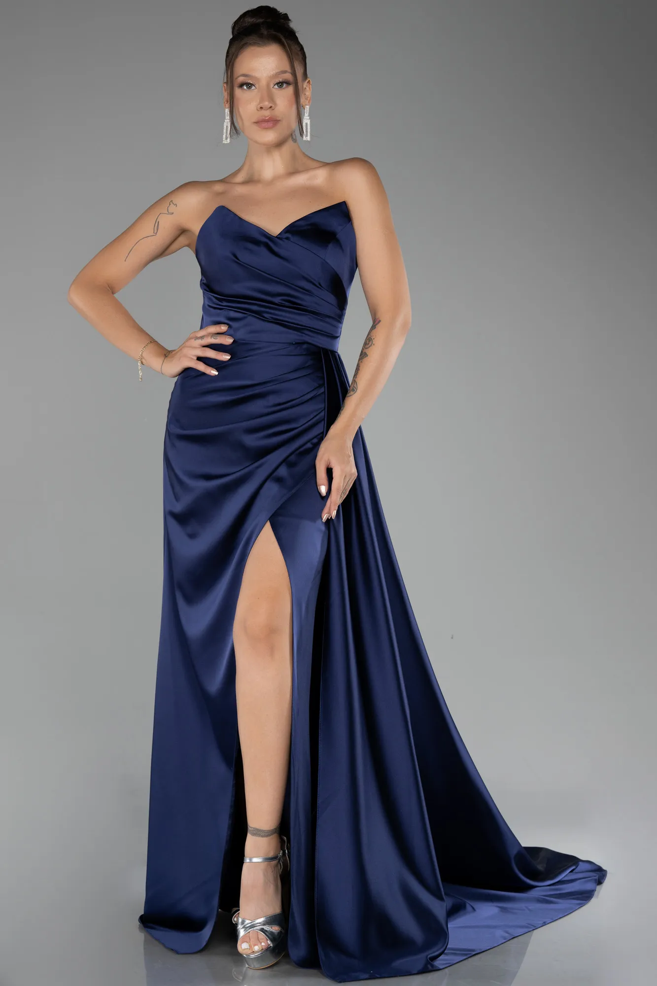 Navy Blue-Strapless Slit Long Satin Prom Gown ABU4093