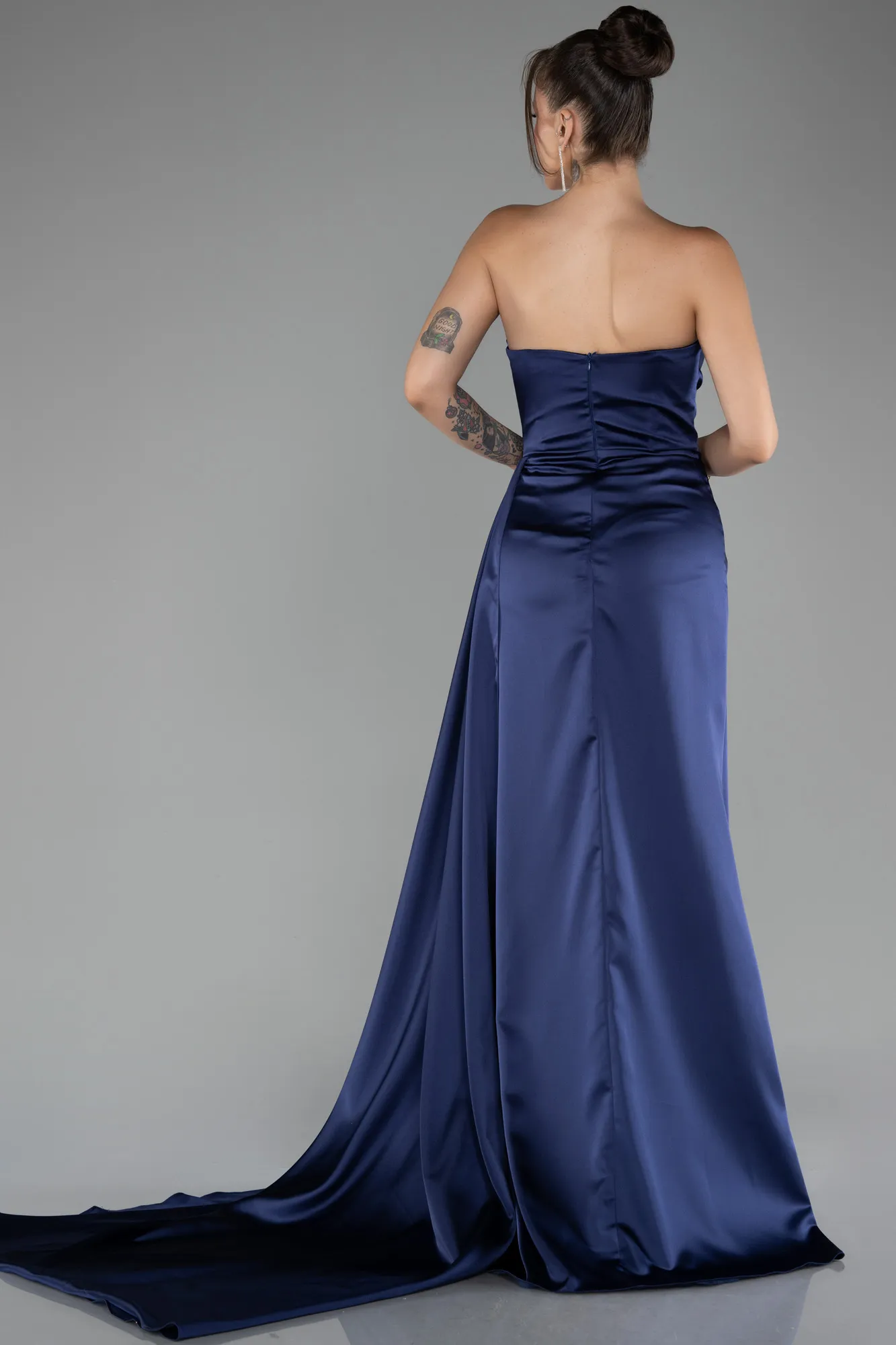 Navy Blue-Strapless Slit Long Satin Prom Gown ABU4093