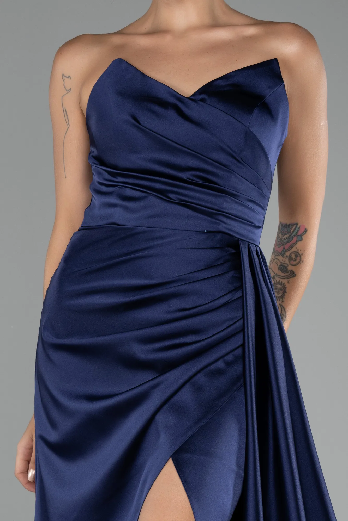 Navy Blue-Strapless Slit Long Satin Prom Gown ABU4093