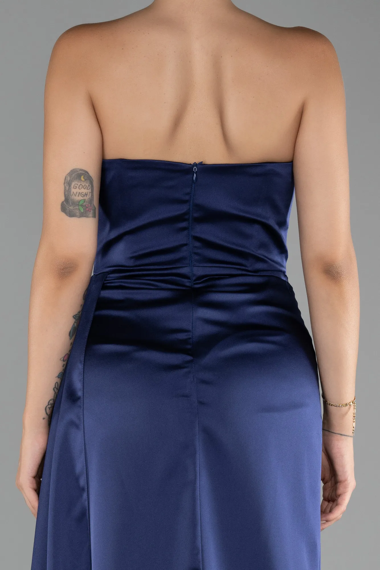 Navy Blue-Strapless Slit Long Satin Prom Gown ABU4093