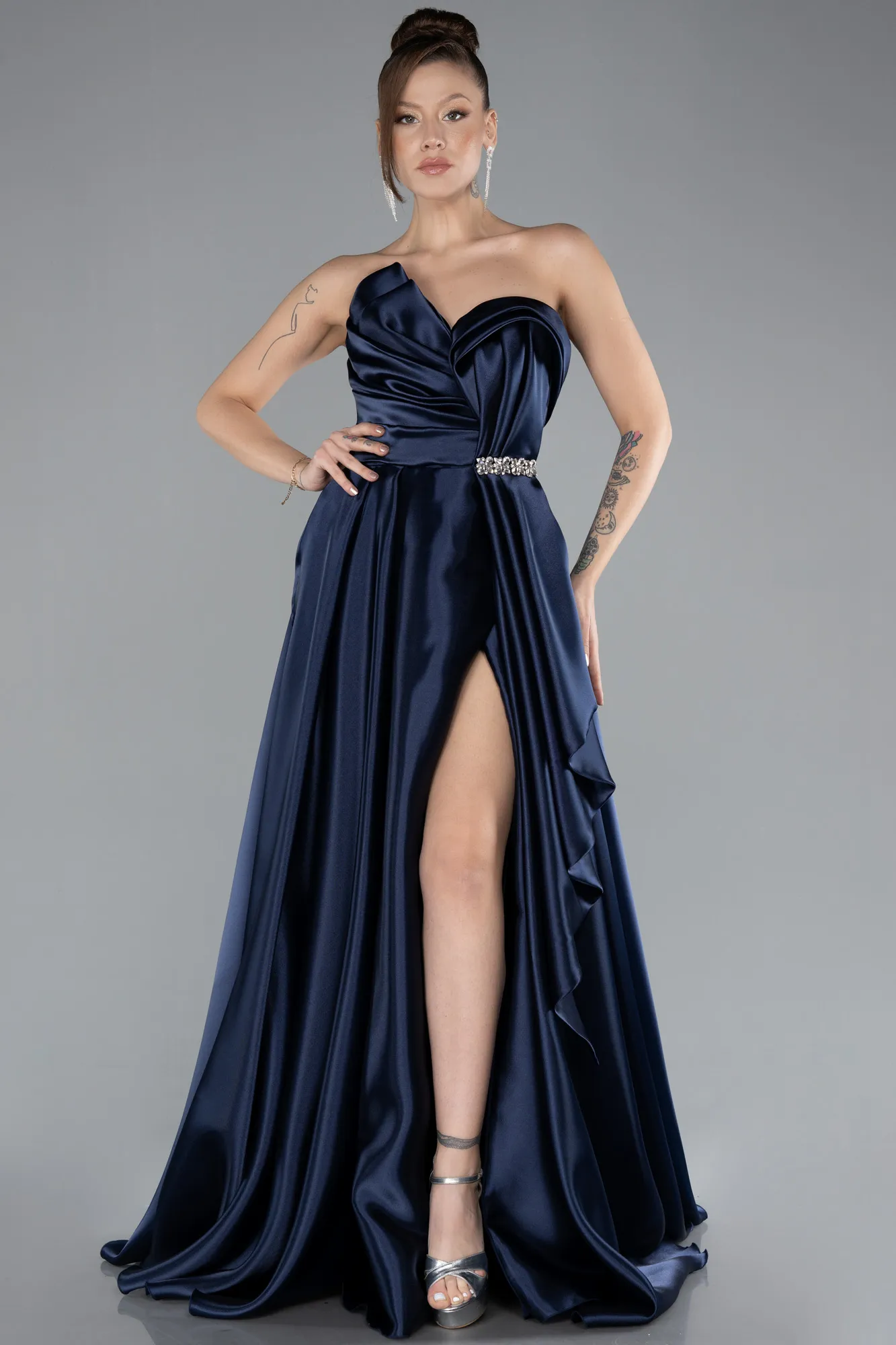 Navy Blue-Strapless Slit Long Satin Prom Gown ABU4522