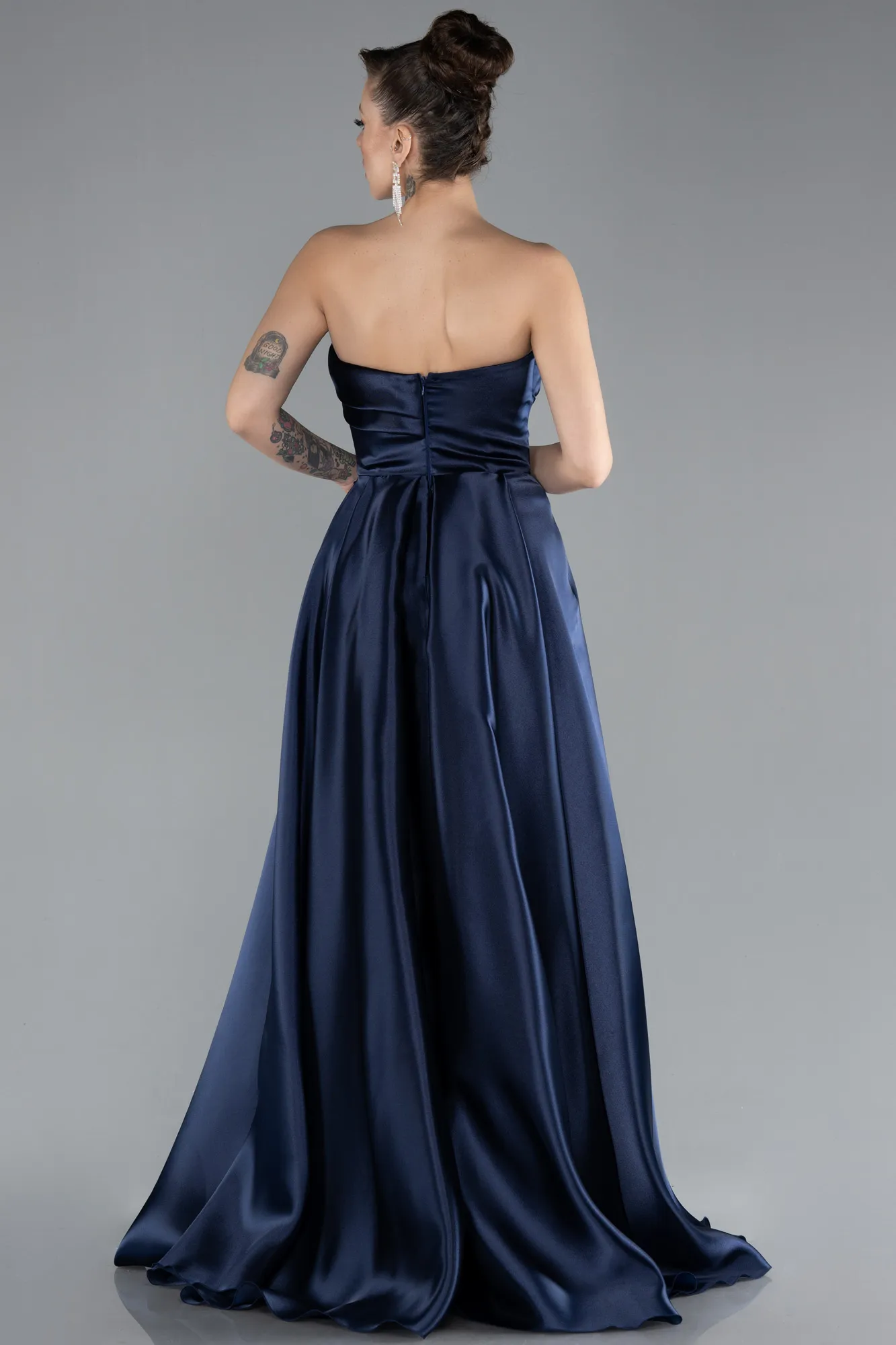 Navy Blue-Strapless Slit Long Satin Prom Gown ABU4522