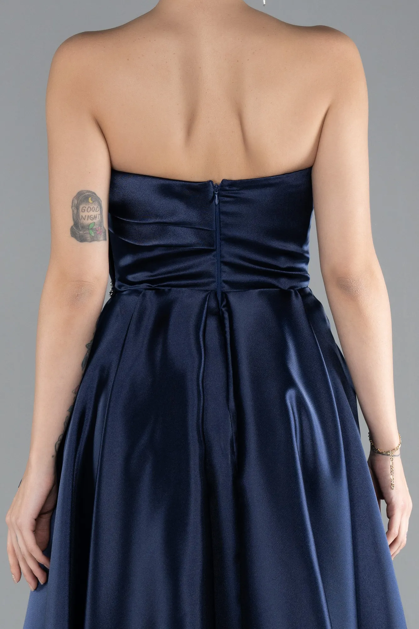 Navy Blue-Strapless Slit Long Satin Prom Gown ABU4522