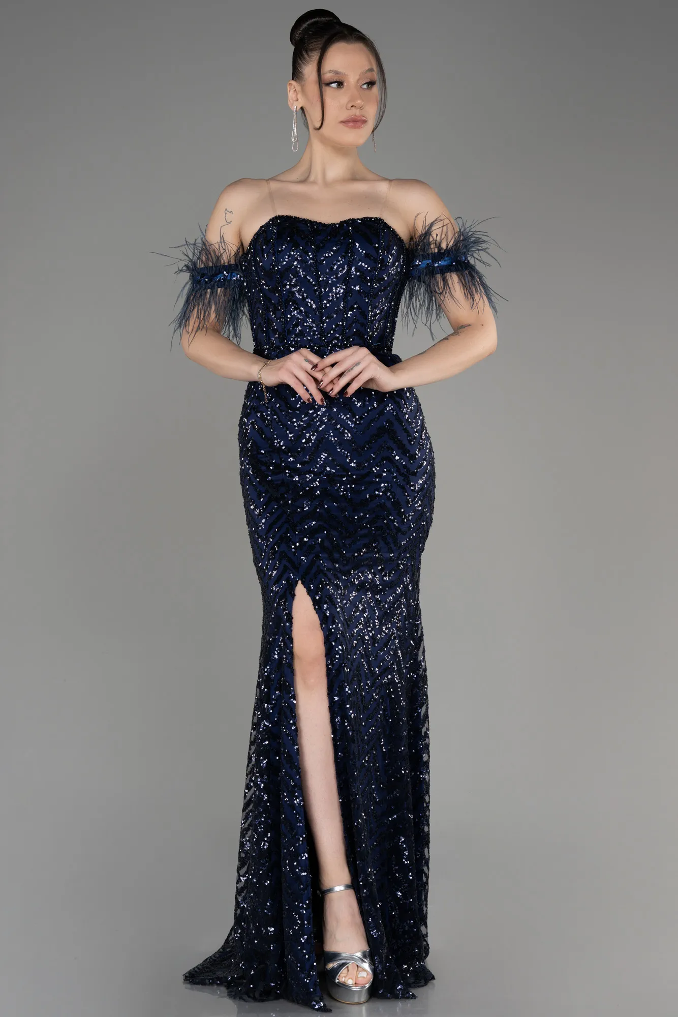 Navy Blue-Strapless Slit Long Sequined Evening Gown ABU3953