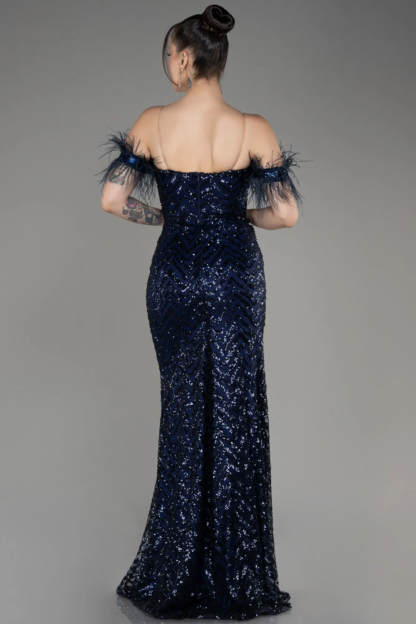 Navy Blue-Strapless Slit Long Sequined Evening Gown ABU3953