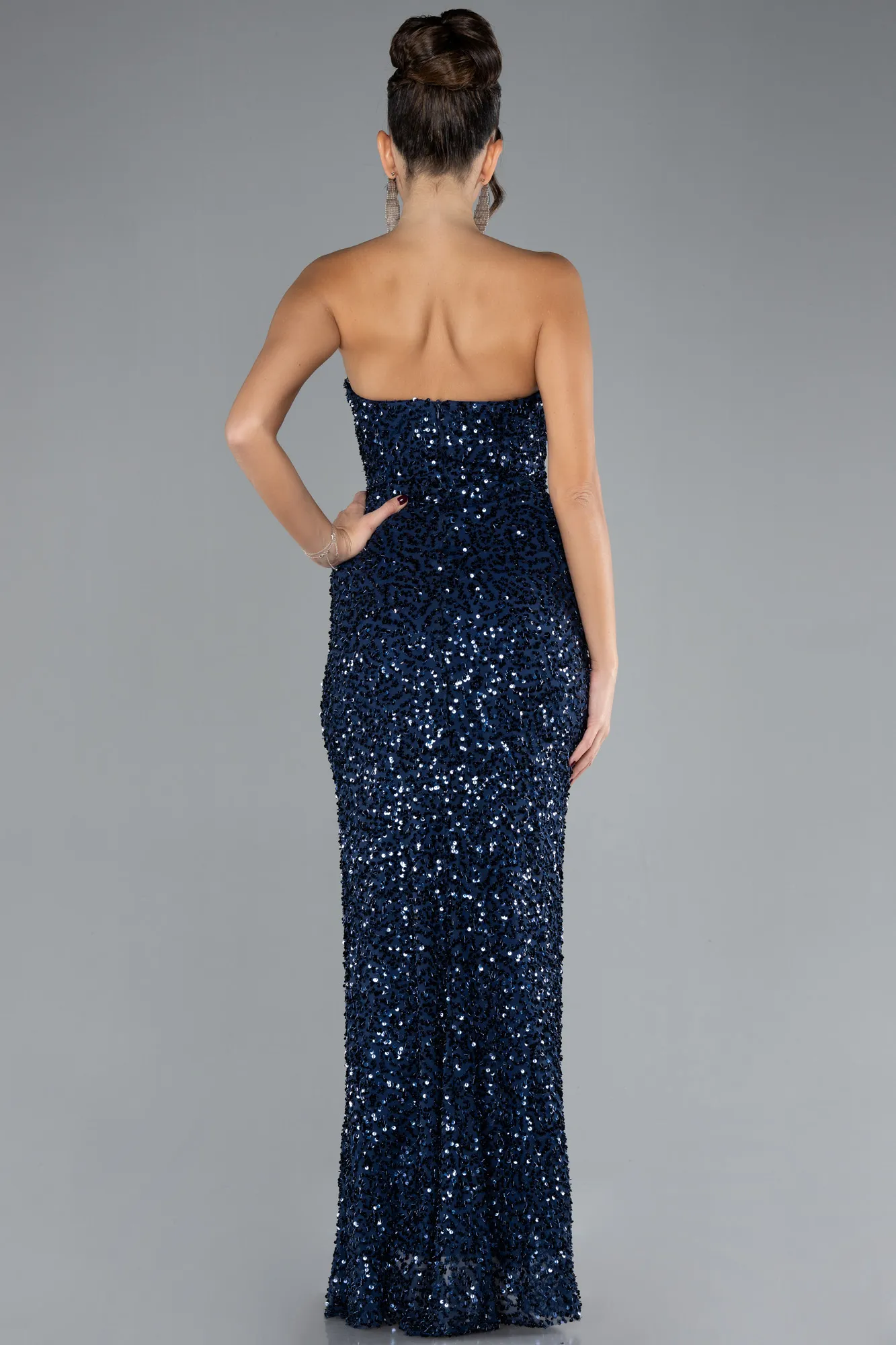 Navy Blue-Strapless Slit Long Sequined Evening Gown ABU4330