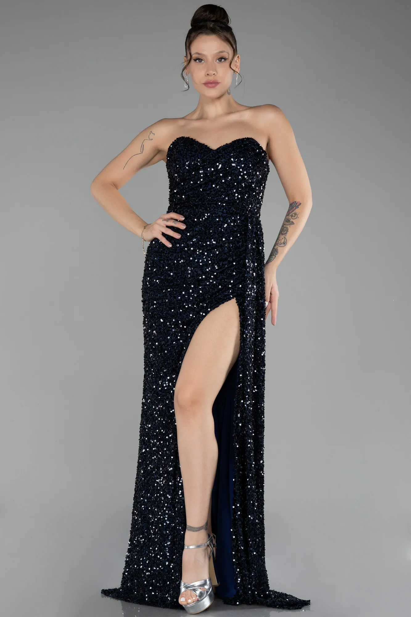 Navy Blue-Strapless Slit Long Sequined Prom Gown ABU4242