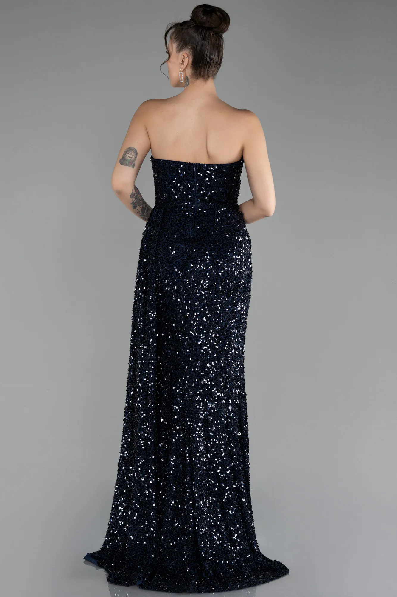 Navy Blue-Strapless Slit Long Sequined Prom Gown ABU4242