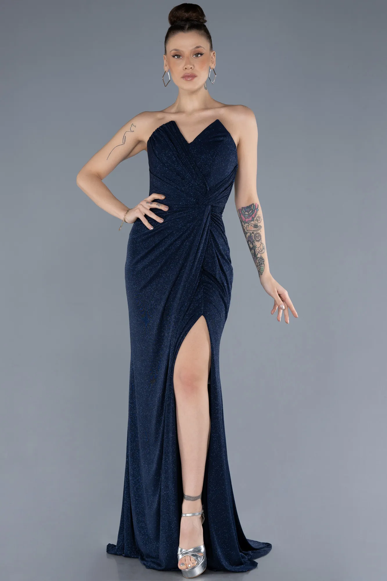 Navy Blue-Strapless Slit Long Silvery Evening Dress ABU4011