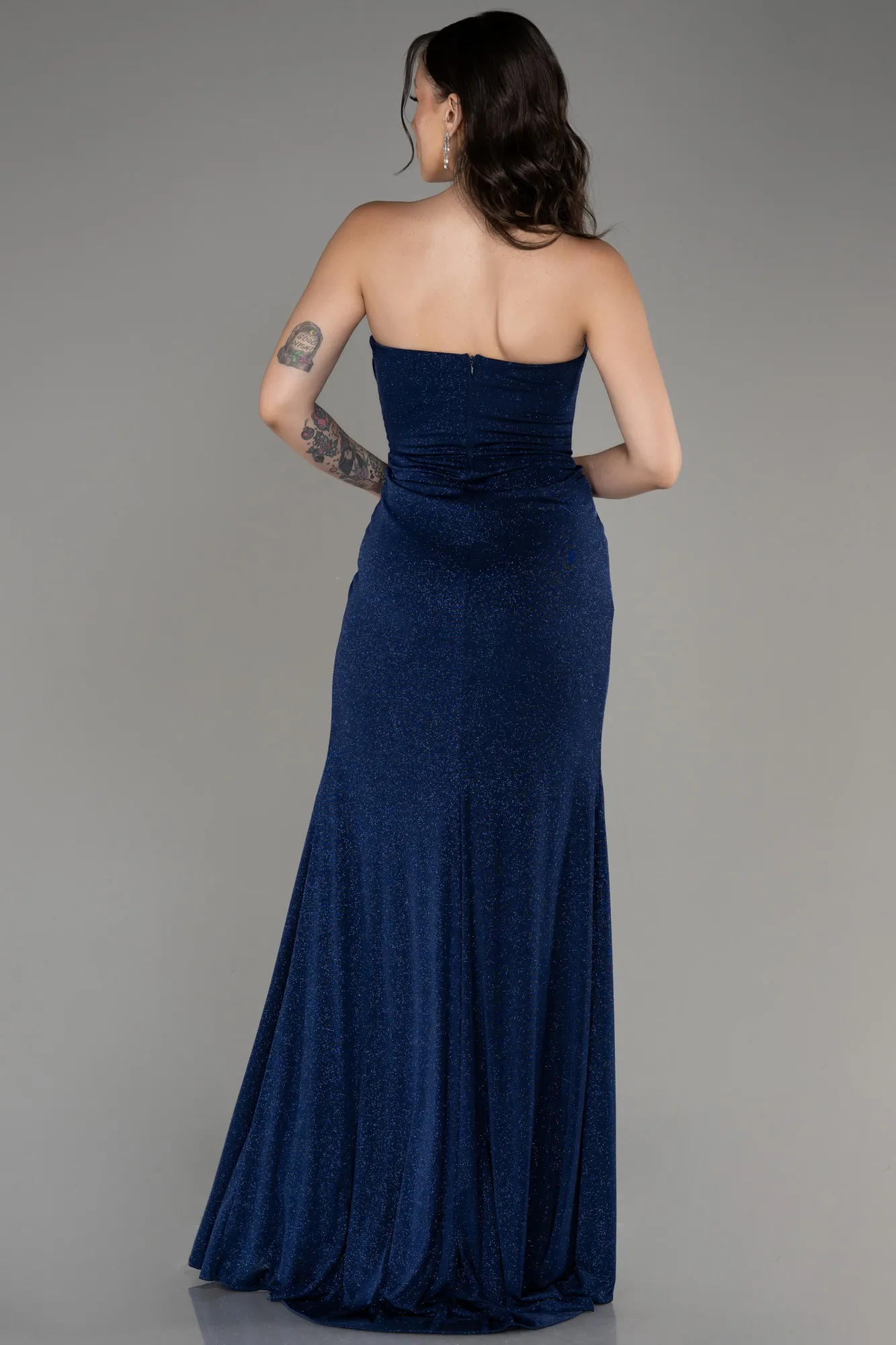 Navy Blue-Strapless Slit Long Silvery Evening Dress ABU4011