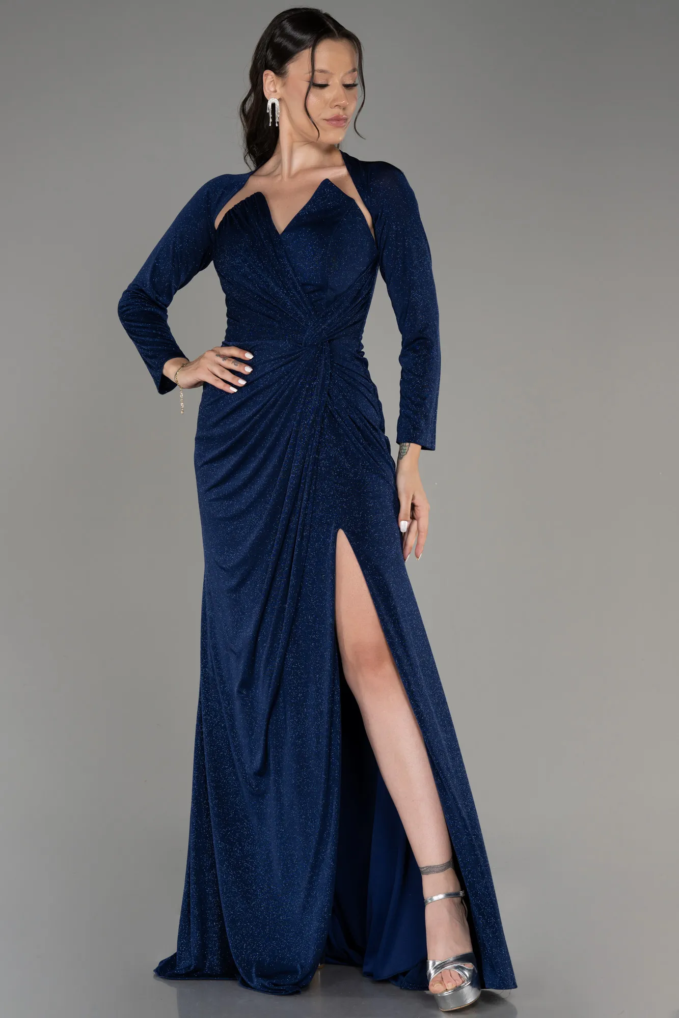 Navy Blue-Strapless Slit Long Silvery Evening Dress ABU4011