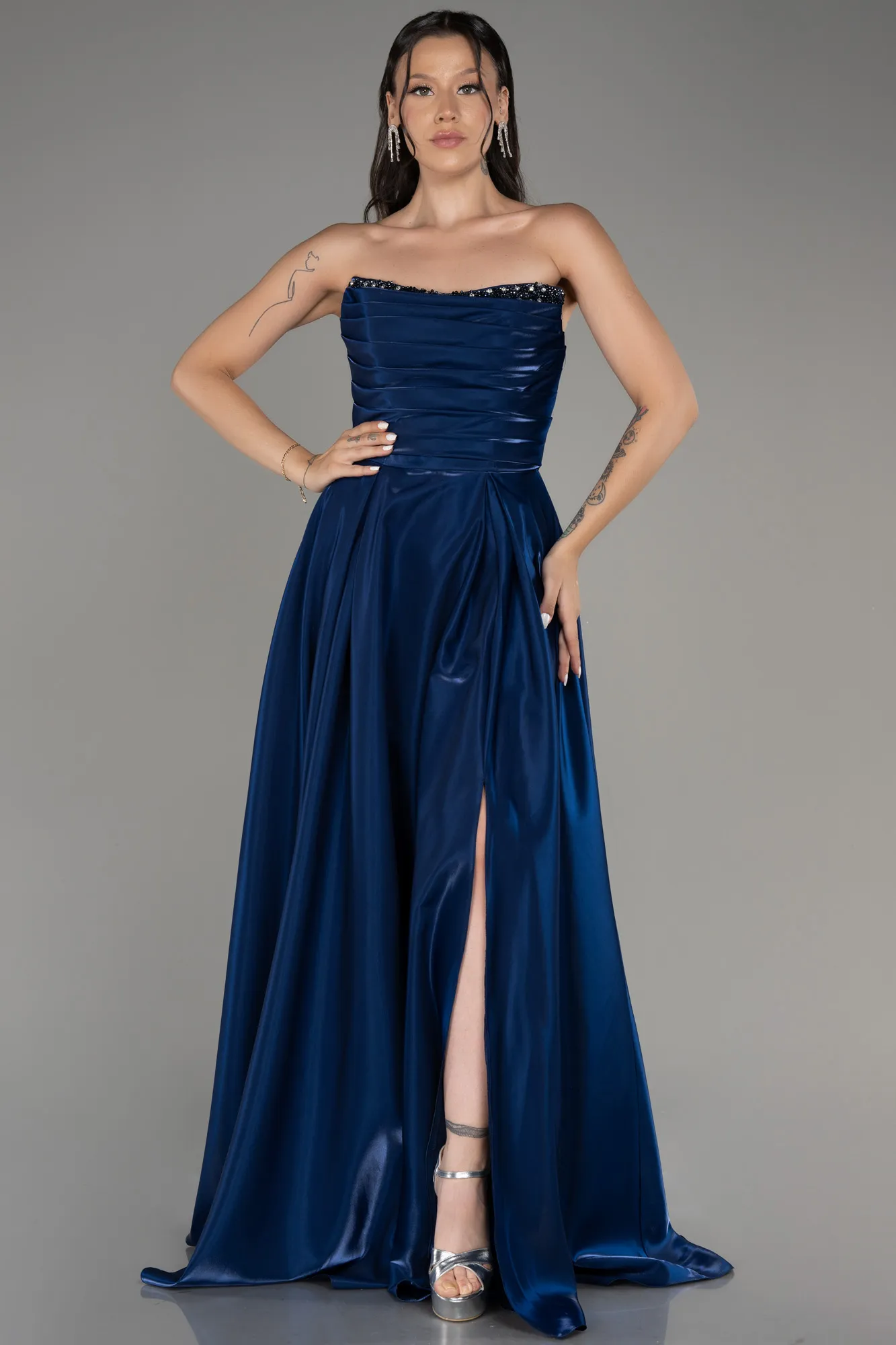 Navy Blue-Strapless Slit Long Stin Prom Dress ABU4013