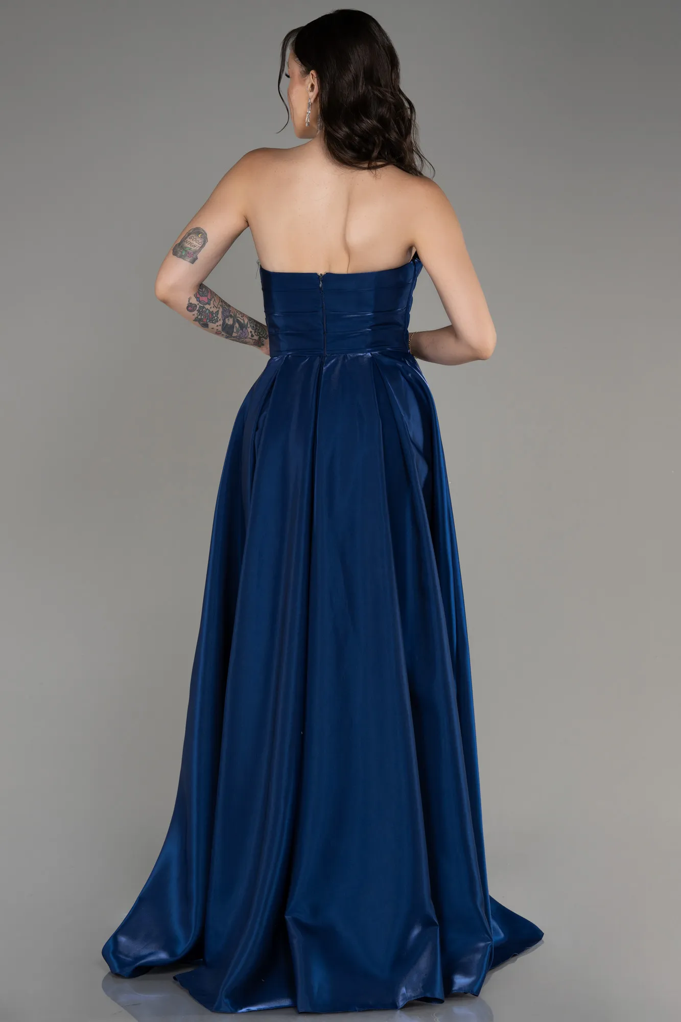 Navy Blue-Strapless Slit Long Stin Prom Dress ABU4013