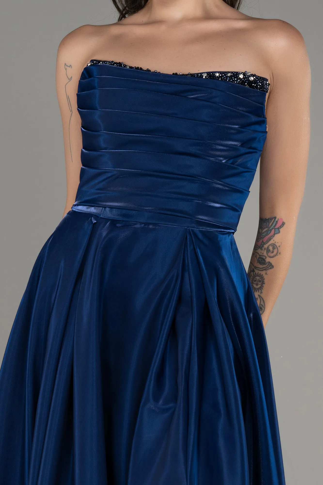 Navy Blue-Strapless Slit Long Stin Prom Dress ABU4013