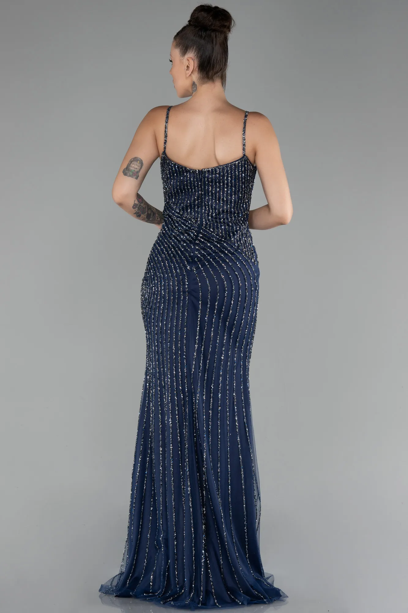 Navy Blue-Strapless Slit Scaly Long Evening Gown ABU4268