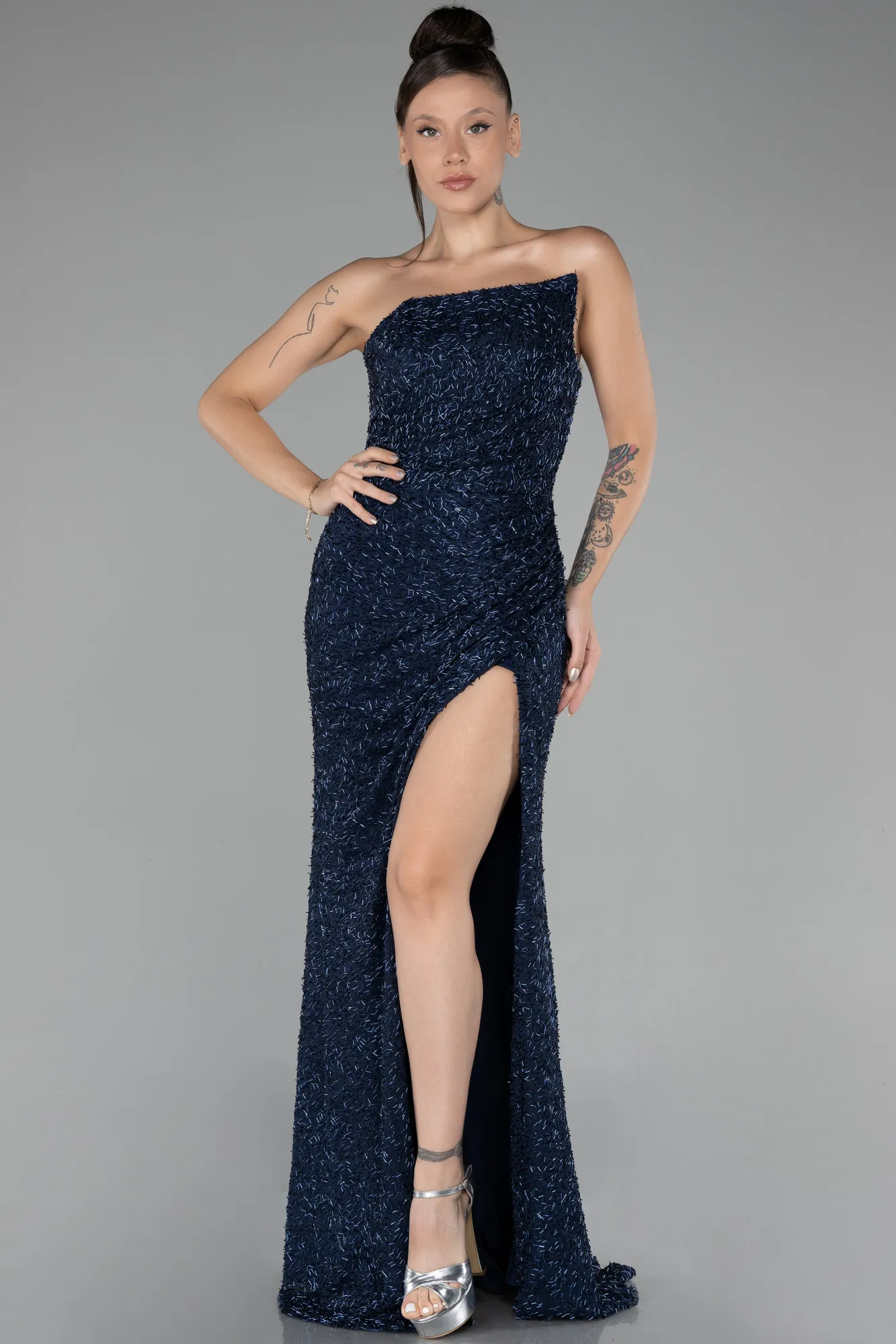 Navy Blue-Strapless Slit Scaly Prom Gown ABU4267