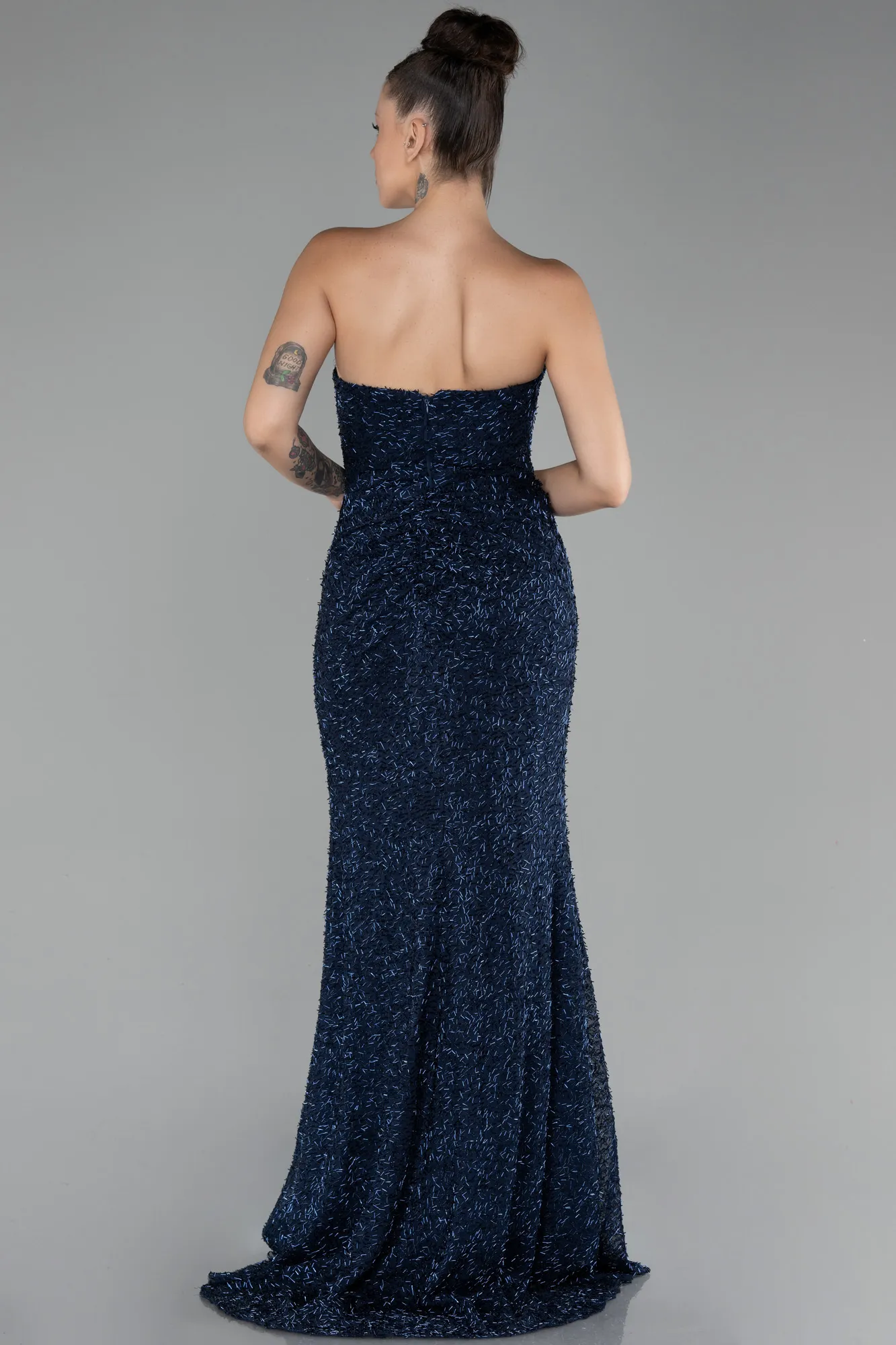 Navy Blue-Strapless Slit Scaly Prom Gown ABU4267