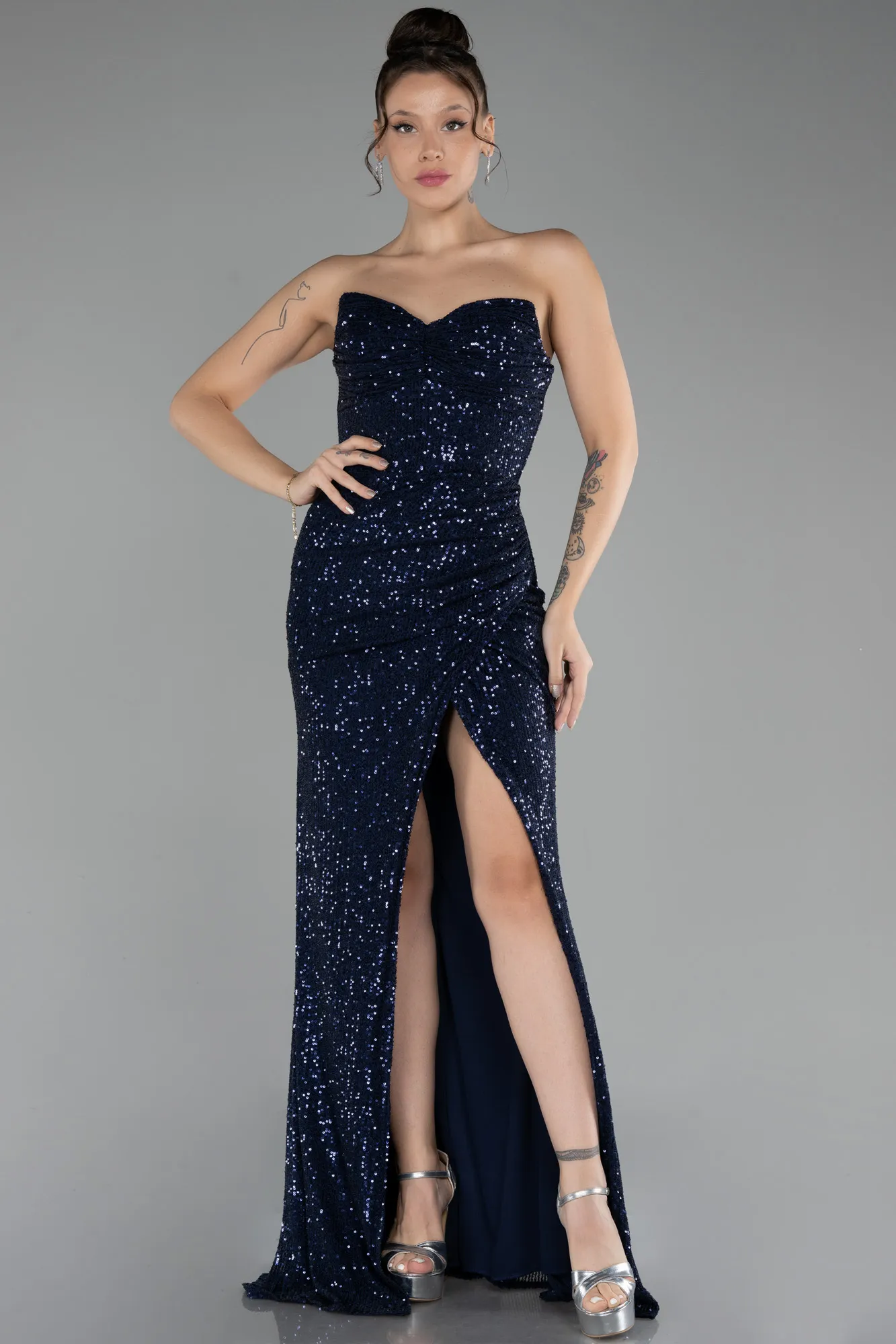 Navy Blue-Strapless Slit Sequined Long Evening Gown ABU4240