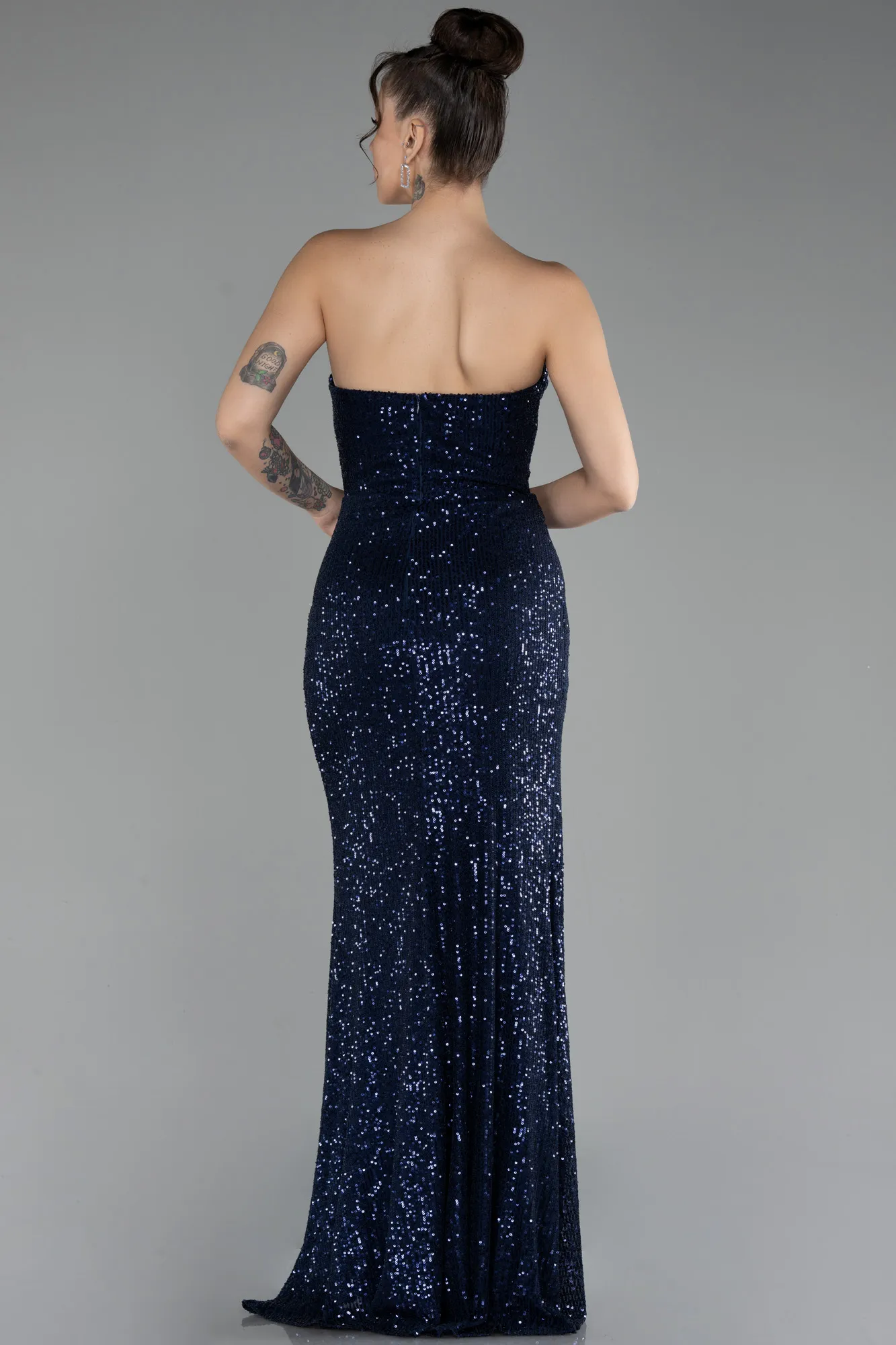 Navy Blue-Strapless Slit Sequined Long Evening Gown ABU4240