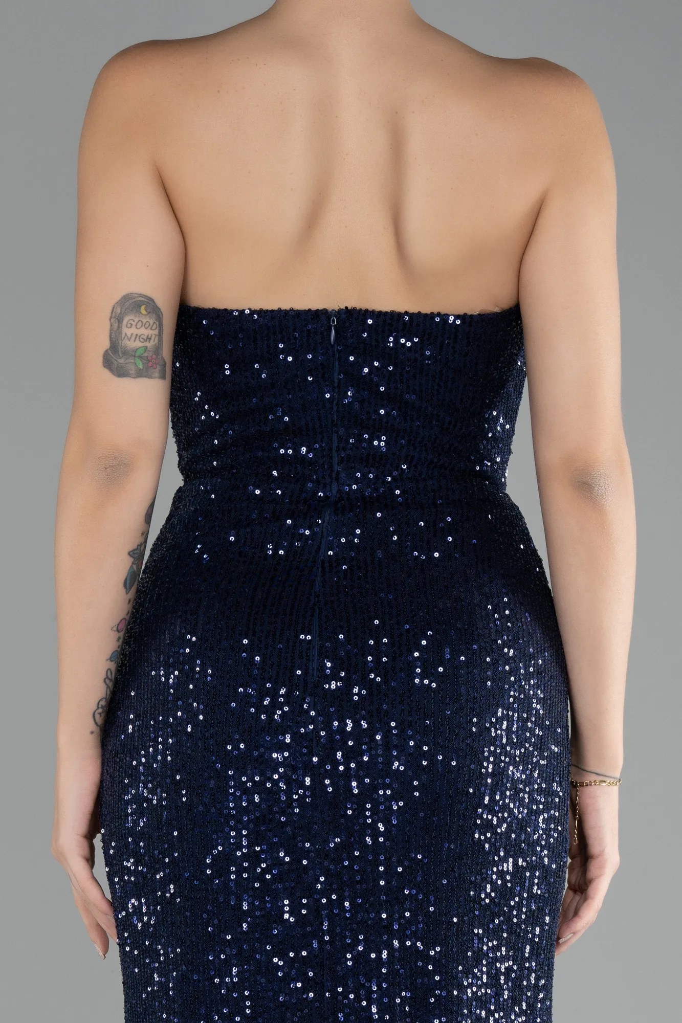 Navy Blue-Strapless Slit Sequined Long Evening Gown ABU4240