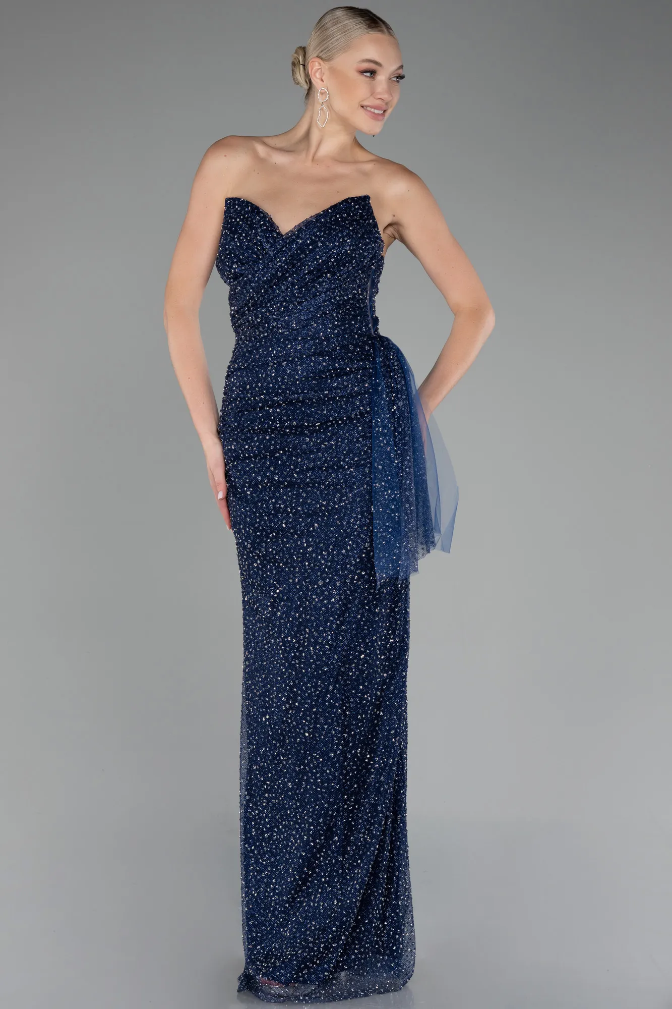 Navy Blue-Strapless Stoned Long Evening Gown ABU4066