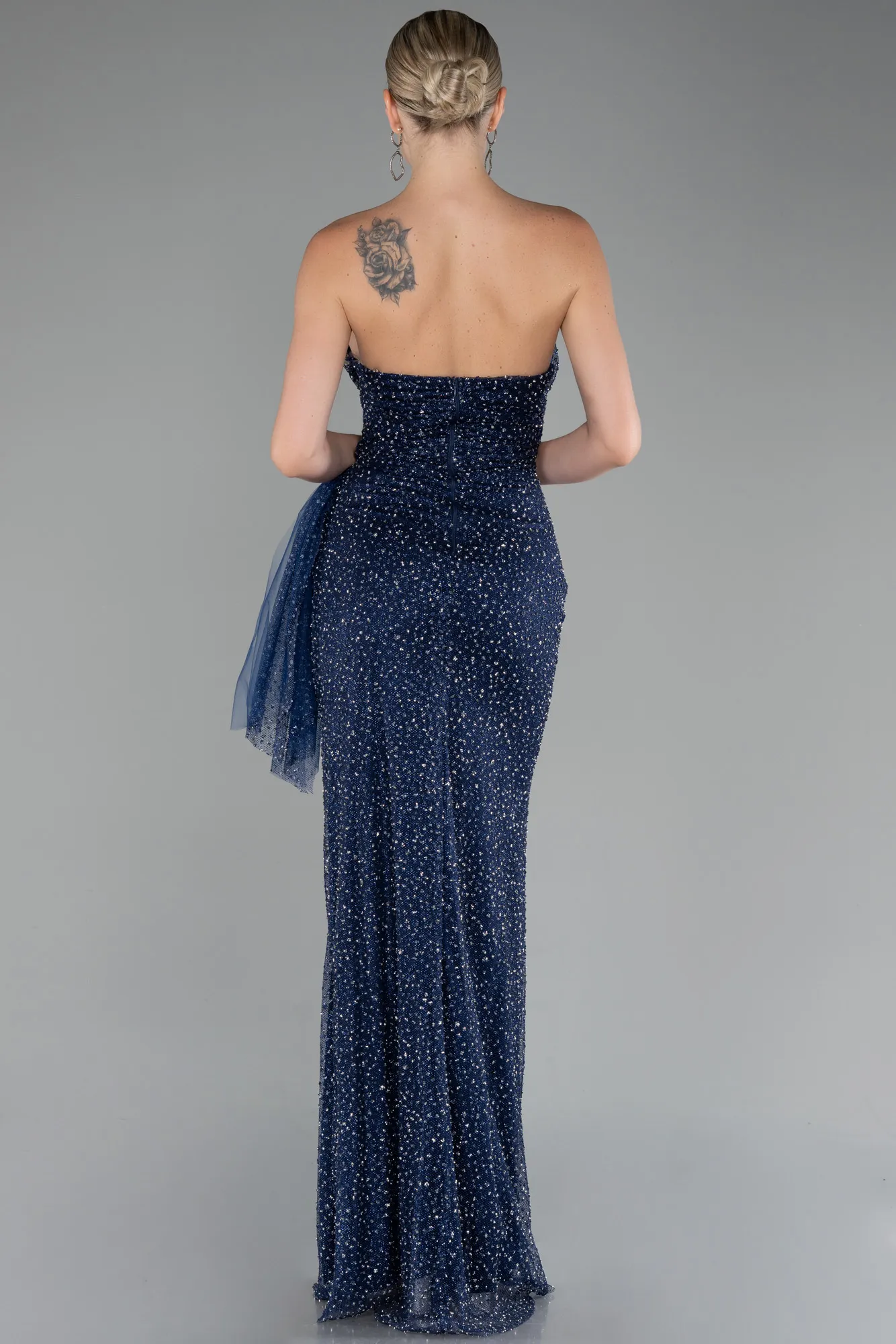 Navy Blue-Strapless Stoned Long Evening Gown ABU4066