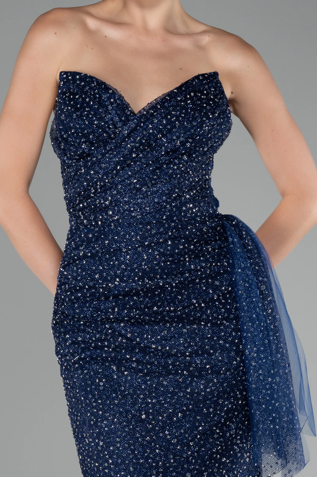 Navy Blue-Strapless Stoned Long Evening Gown ABU4066