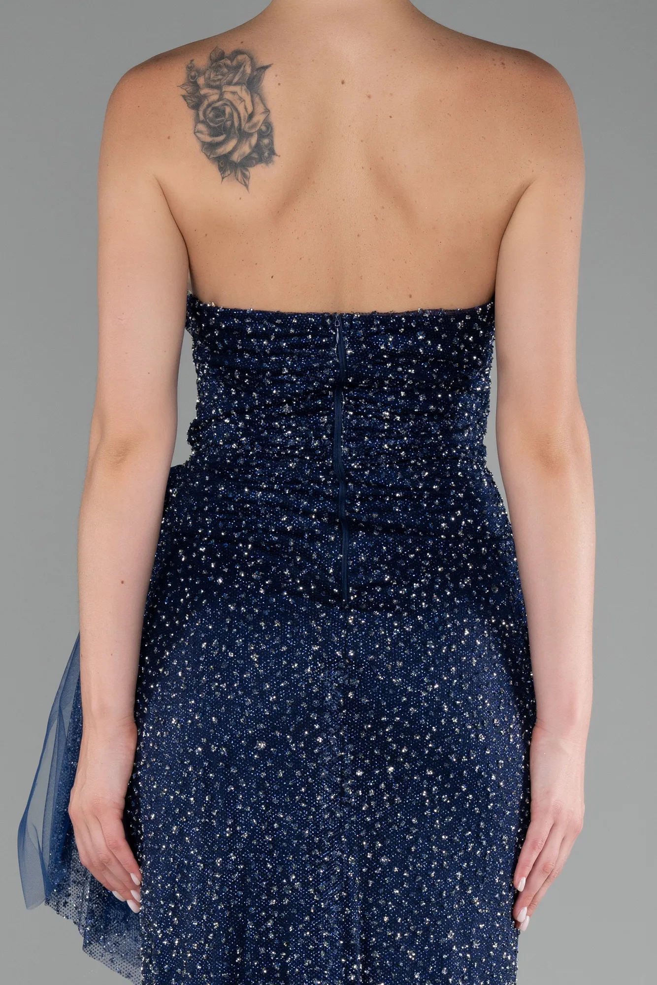 Navy Blue-Strapless Stoned Long Evening Gown ABU4066