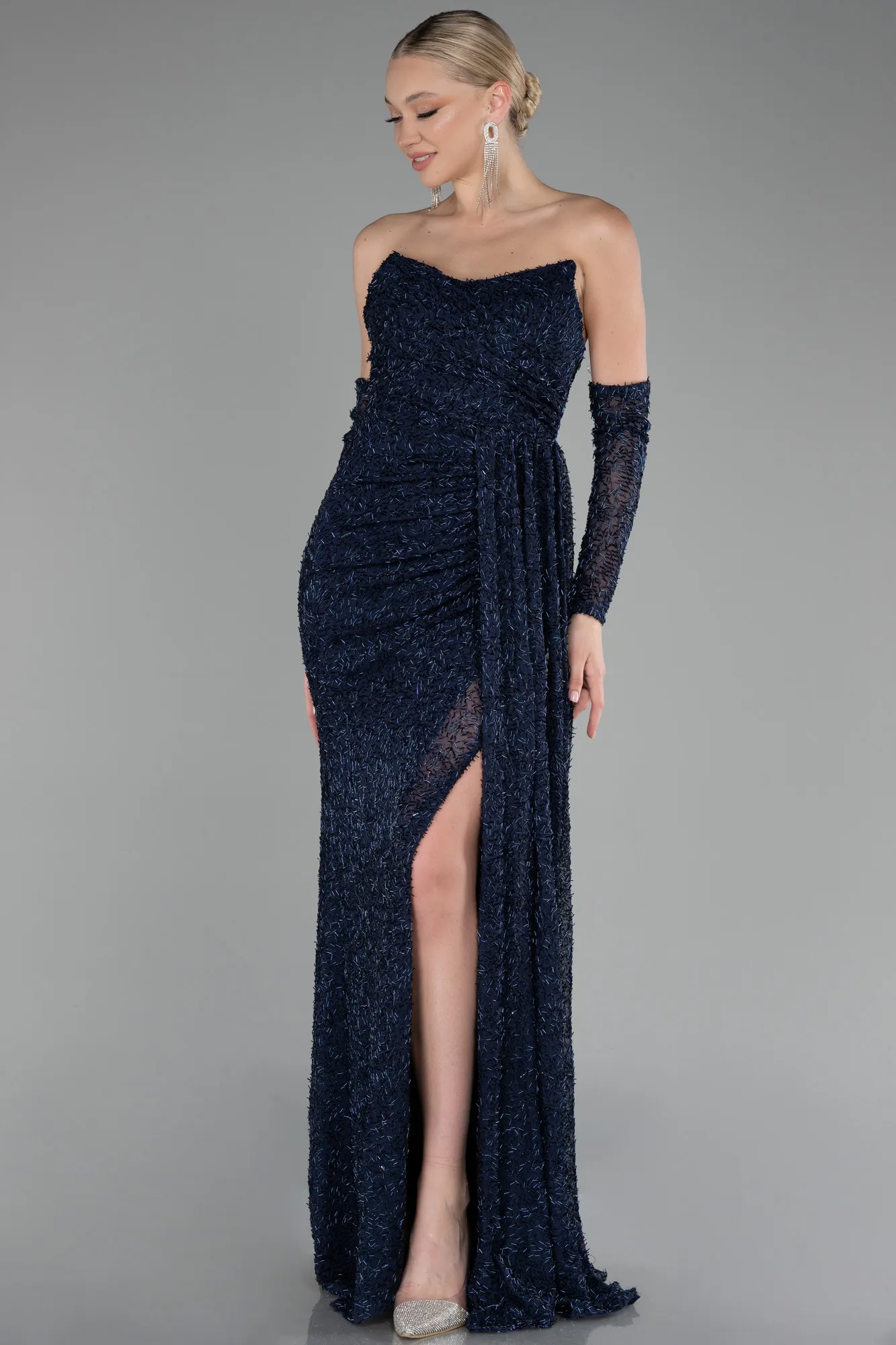 Navy Blue-Strapless Stony Long Slit Prom Gown ABU4163