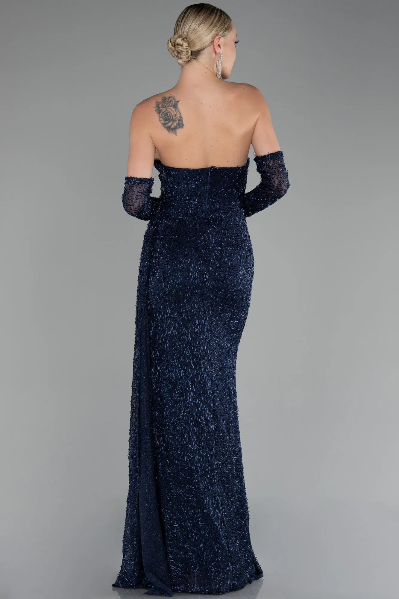 Navy Blue-Strapless Stony Long Slit Prom Gown ABU4163