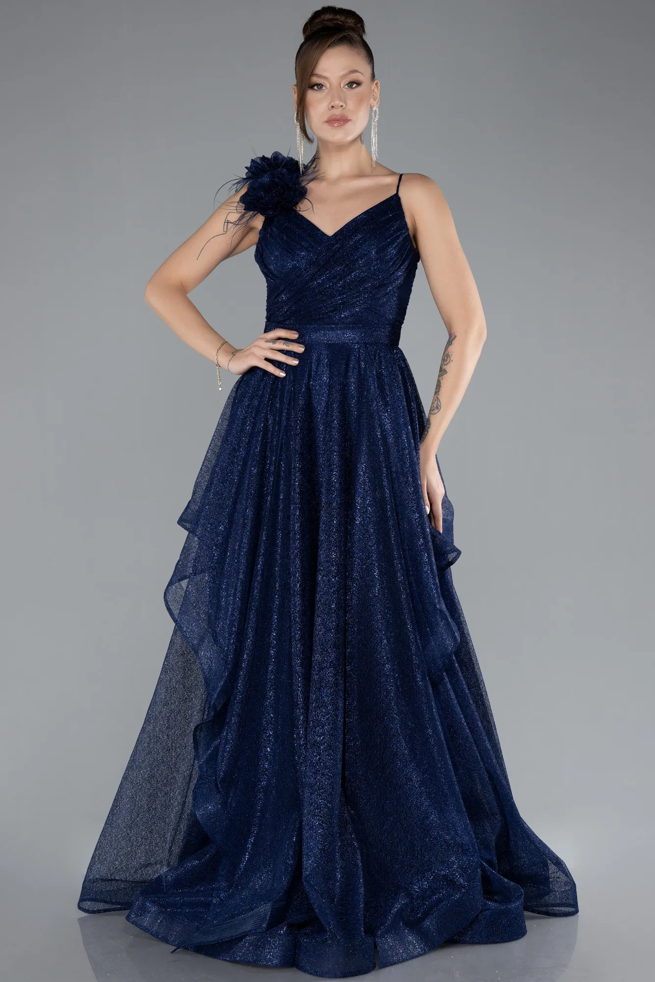 Navy Blue-Strappy Long Glitter Engagement Tulle Prom Dress ABU4495