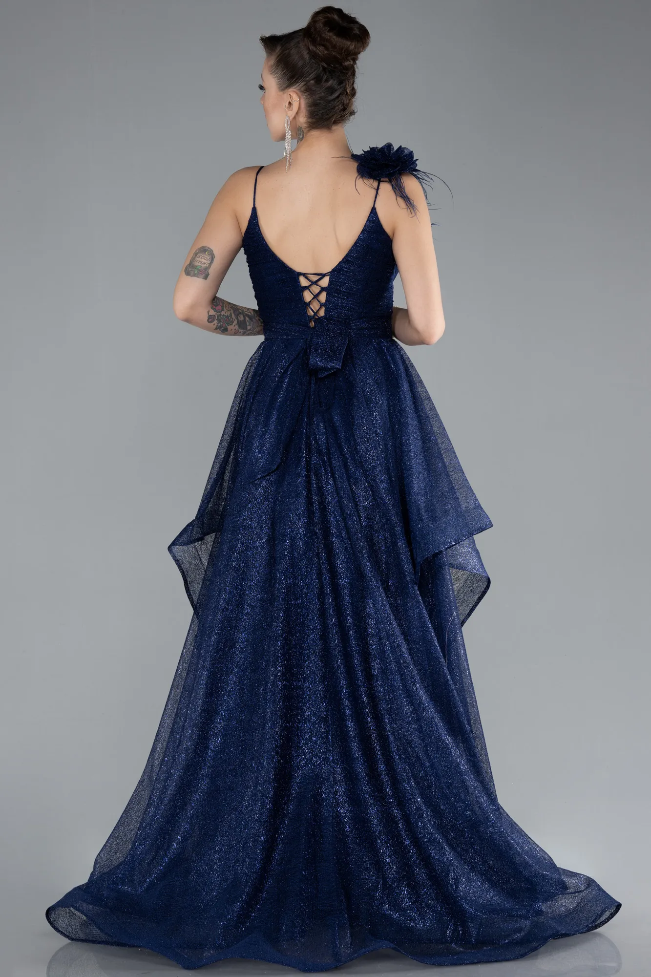 Navy Blue-Strappy Long Glitter Engagement Tulle Prom Dress ABU4495