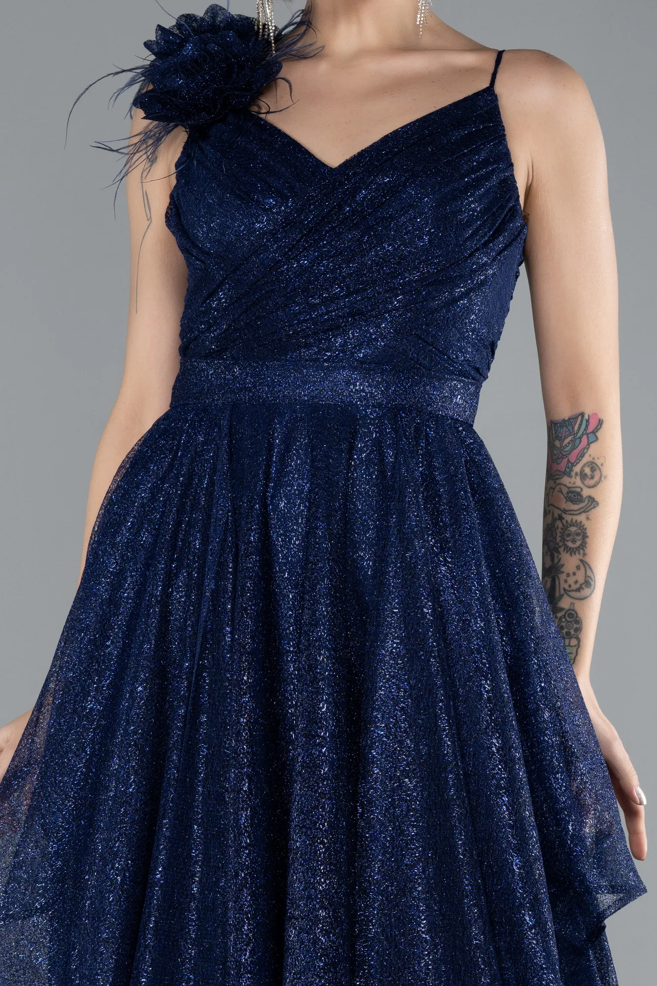 Navy Blue-Strappy Long Glitter Engagement Tulle Prom Dress ABU4495