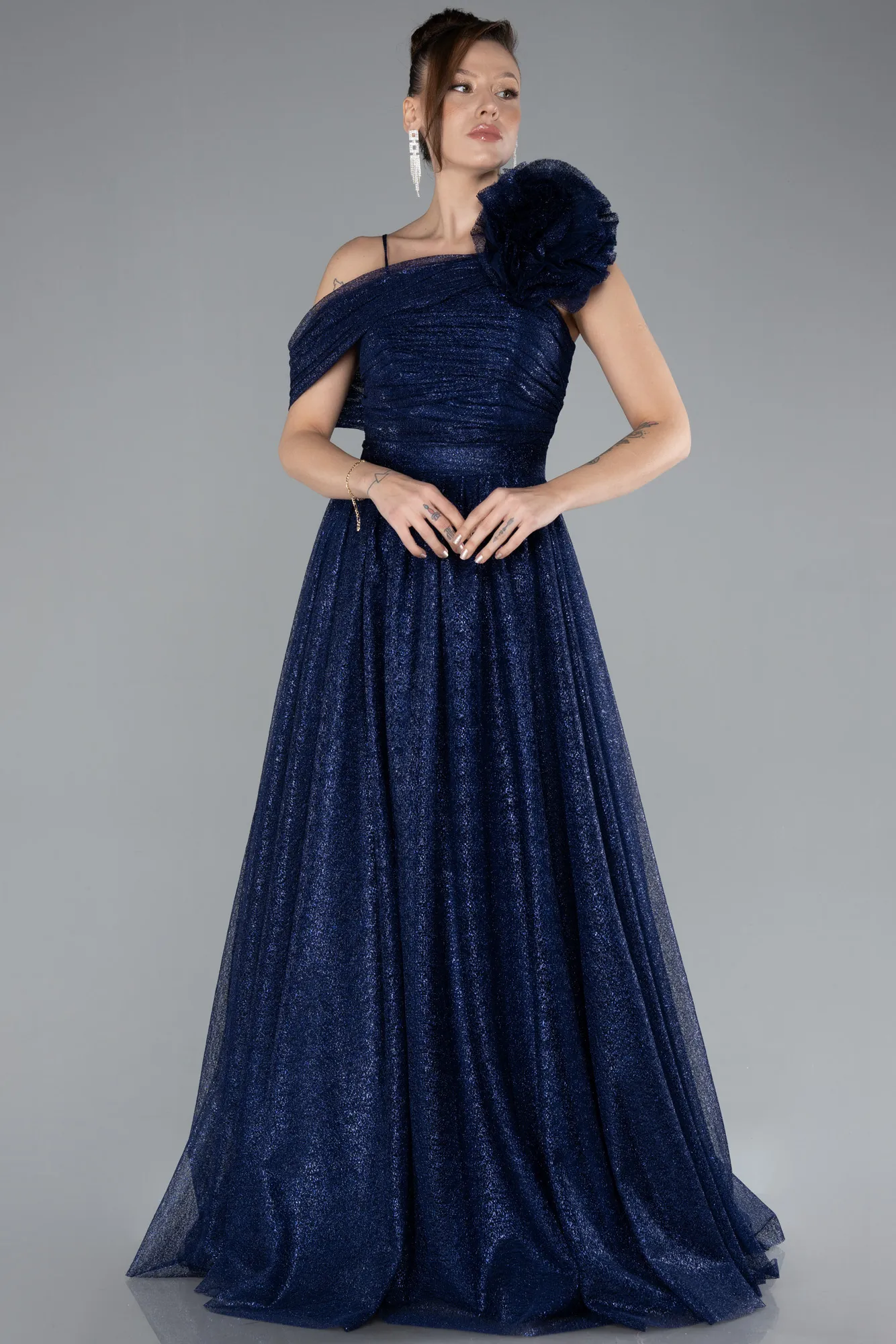 Navy Blue-Strappy Long Glitter Engagement Tulle Prom Dress ABU4496