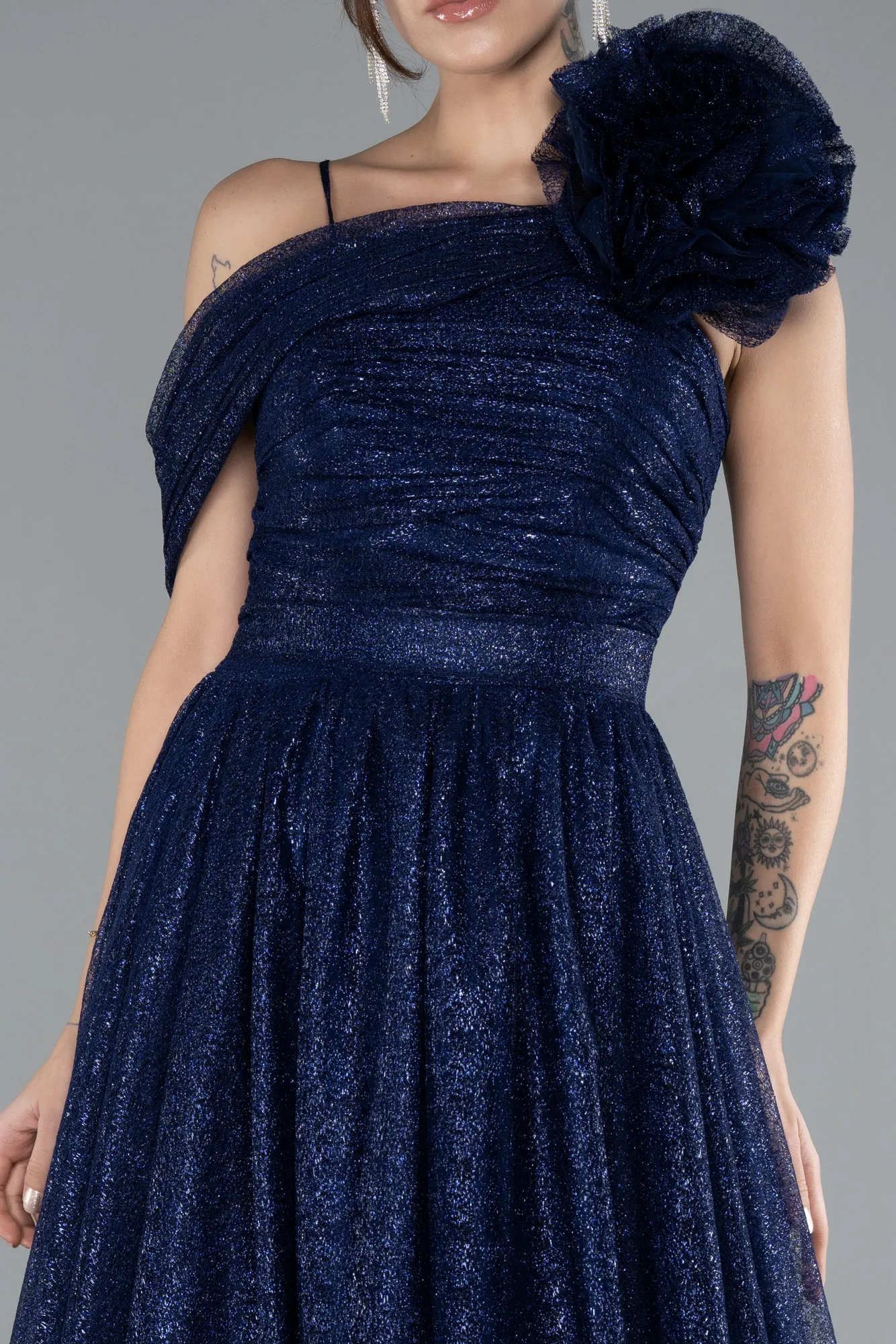 Navy Blue-Strappy Long Glitter Engagement Tulle Prom Dress ABU4496