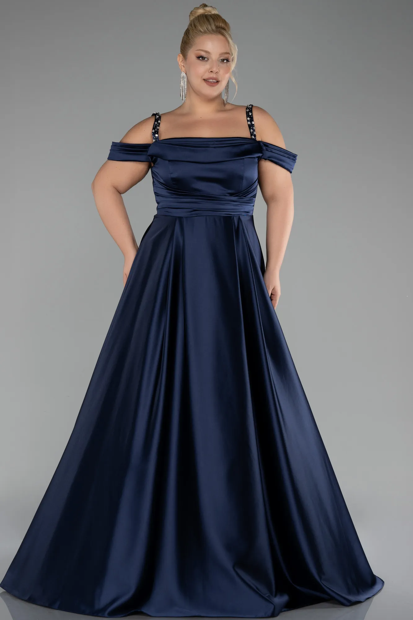 Navy Blue-Strappy Long Satin Plus Size Engagement Dress ABU4207