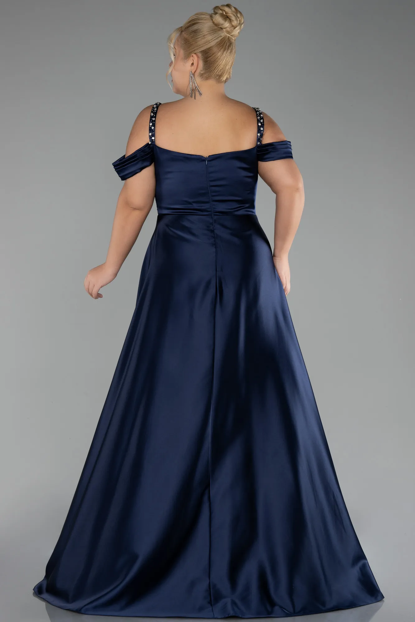 Navy Blue-Strappy Long Satin Plus Size Engagement Dress ABU4207