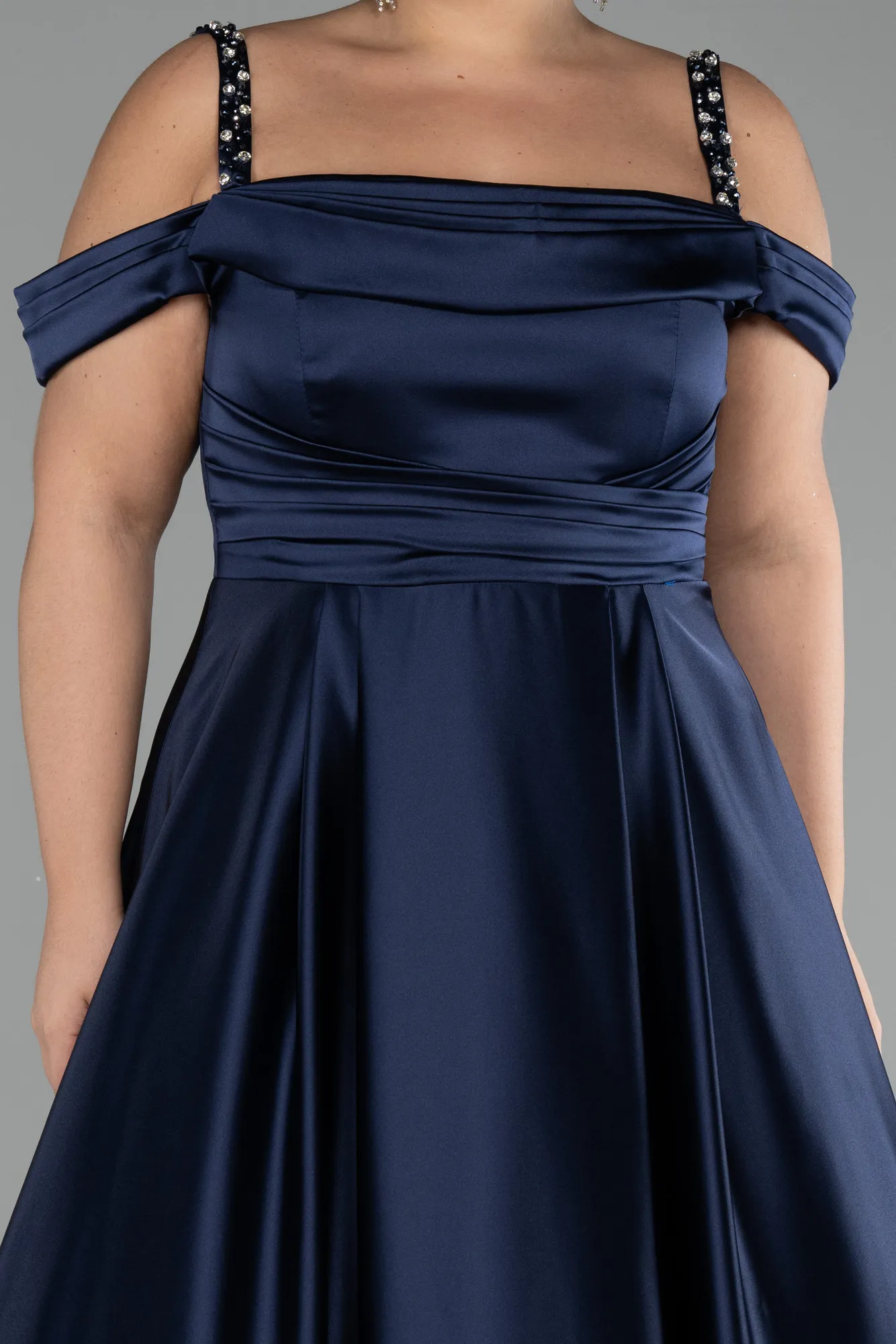 Navy Blue-Strappy Long Satin Plus Size Engagement Dress ABU4207