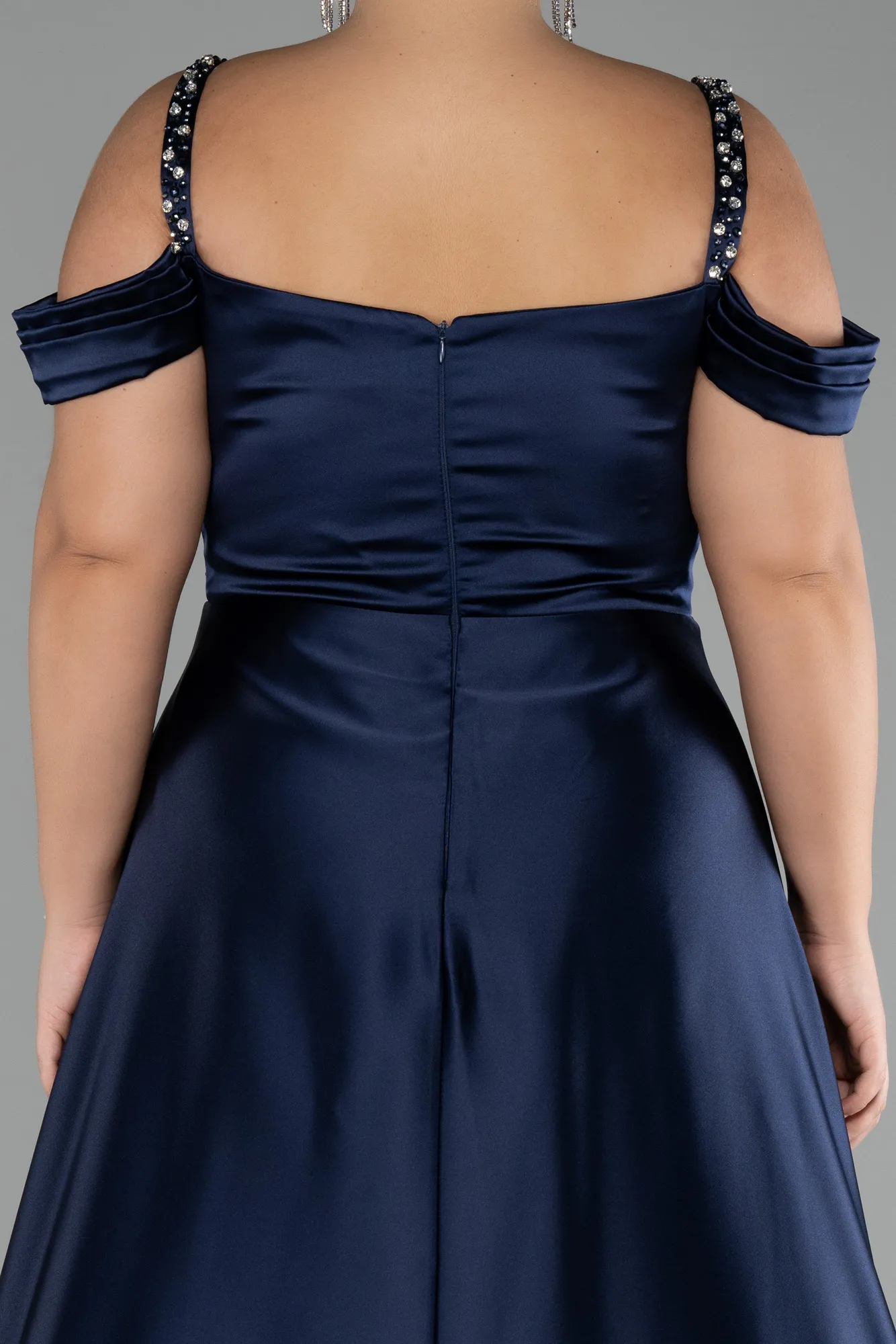 Navy Blue-Strappy Long Satin Plus Size Engagement Dress ABU4207