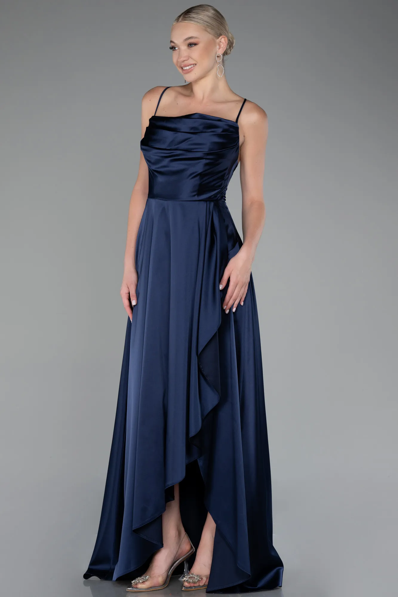 Navy Blue-Strappy Long Satin Prom Gown ABU4073