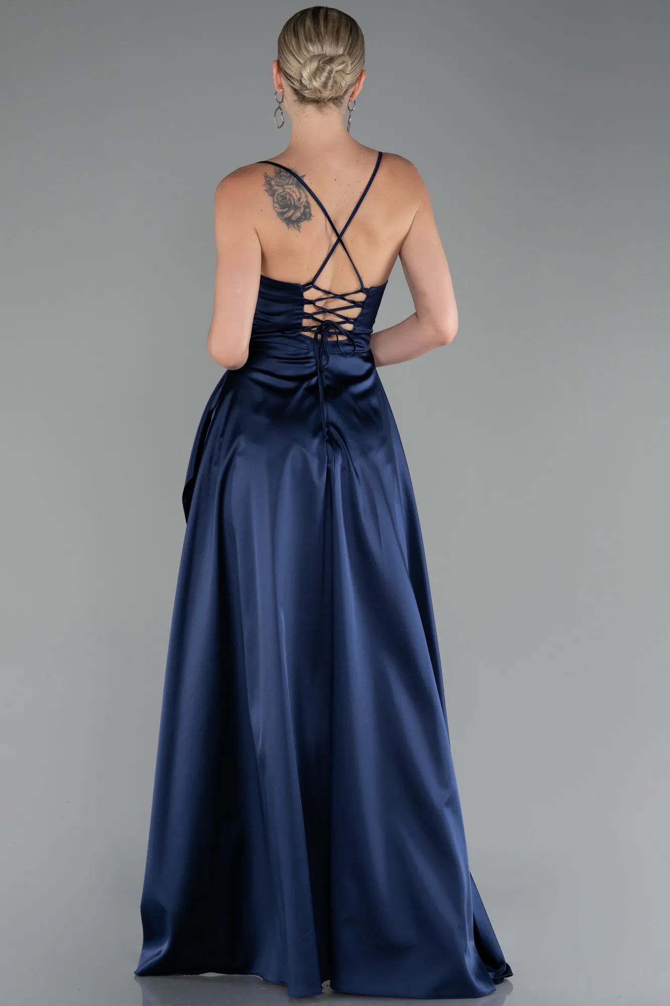 Navy Blue-Strappy Long Satin Prom Gown ABU4073