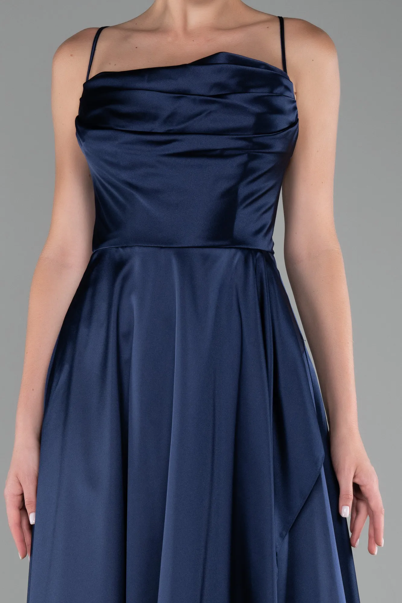 Navy Blue-Strappy Long Satin Prom Gown ABU4073