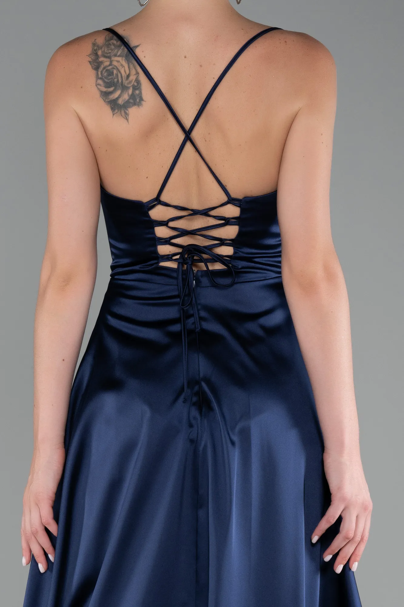 Navy Blue-Strappy Long Satin Prom Gown ABU4073