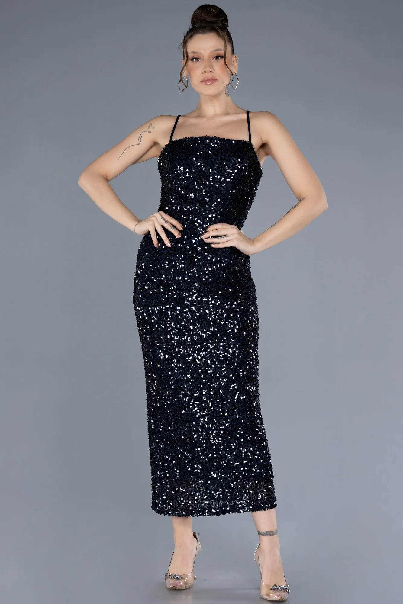 Navy Blue-Strappy Midi Scaly Party Dress ABK2223