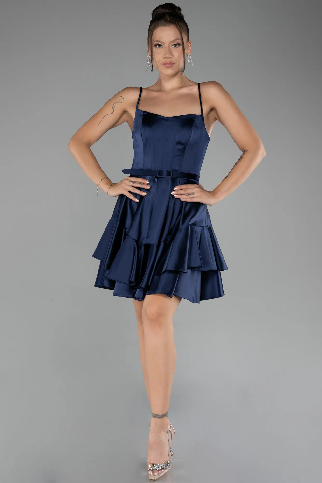 Navy Blue-Strappy Short Satin Cocktail Dress ABK2114